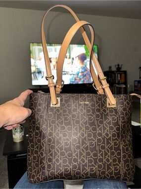 Calvin Klein Brown Monogram Tote with Tan Straps